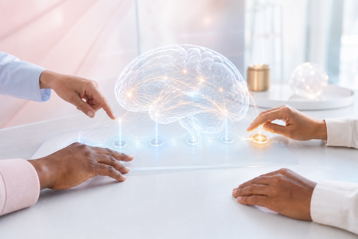 Diverse clinical and program stakeholders interact around a luminous neural-brain visualization representing cognitive function measured over time.