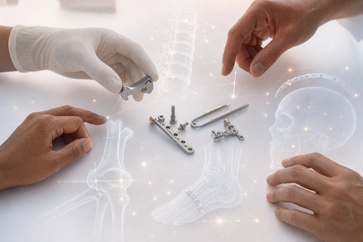 Diverse hands review implant components beside translucent spine, skull, knee, and foot-and-ankle planning forms.
