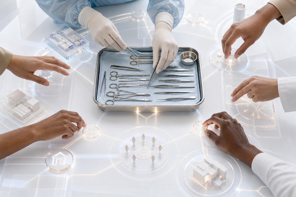 Gloved and ungloved hands coordinate around a clinical preparation surface connected to abstract hospital and workflow symbols.