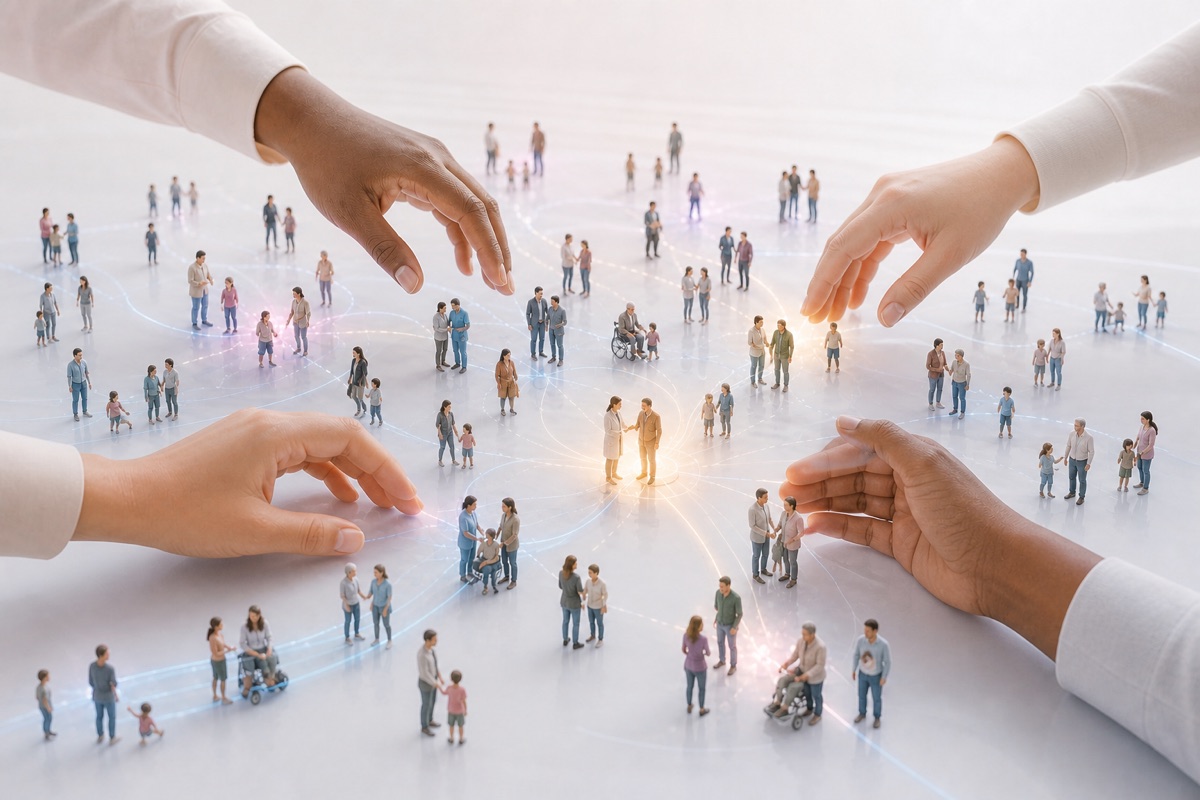Protective hands surround diverse families, caregivers, clinicians, older adults, children, and people using mobility aids within a connected care network.