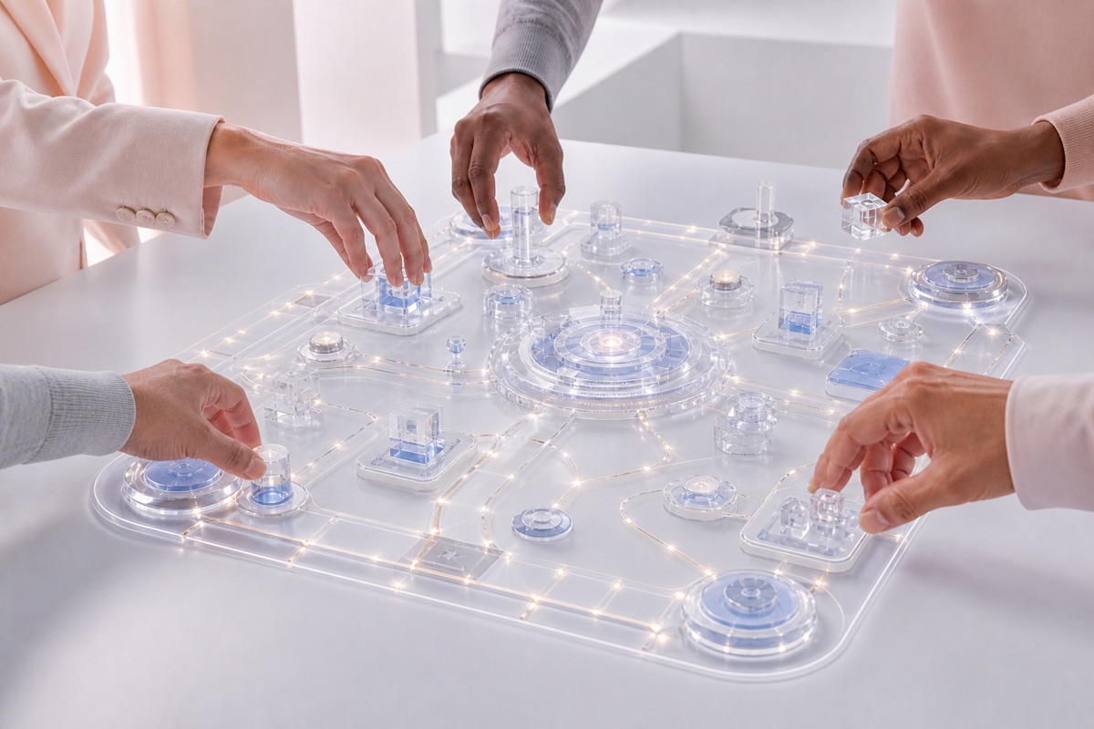 Diverse hands move transparent pieces across a connected futuristic strategy board organized around a central operating hub.