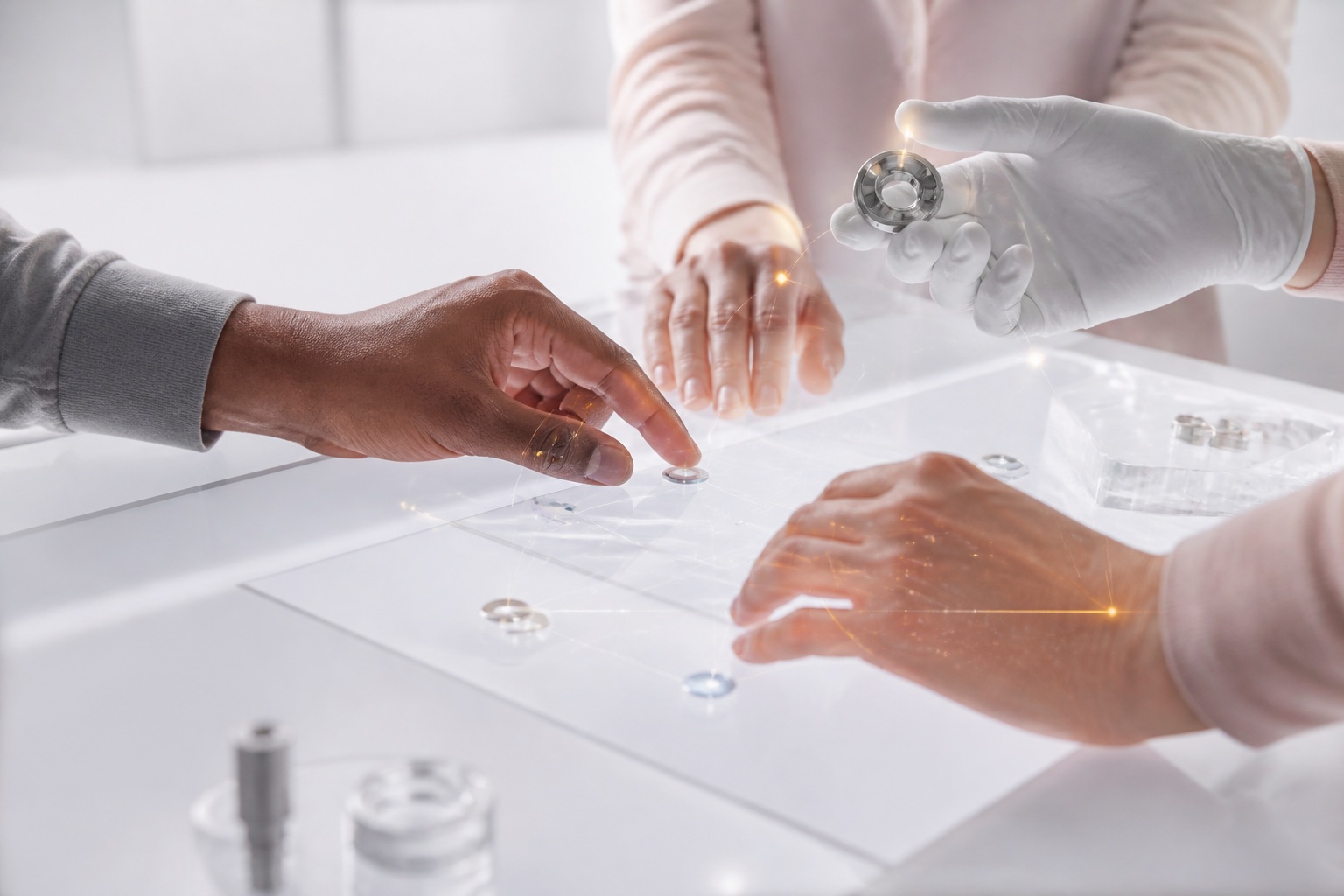 Hands collaborate over a clean planning surface while a gloved clinical hand verifies a procedure-specific component.